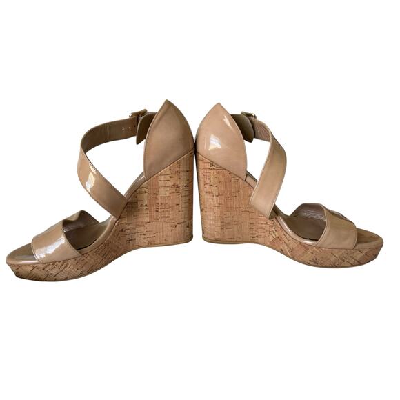 Stuart Weitzman Nude Patent Leather Cork Wedge Platform Sandals 9M Made in Spain - Picture 4 of 12